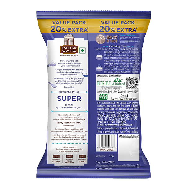India Gate Super Basmati Rice Pouch 1Kg + 500g Free - Image 2