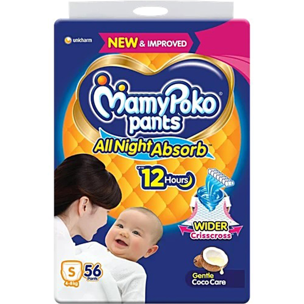 MamyPoko Pants All Night Absorb Baby Diaper Pants S 4-8 kg 56 Diapers